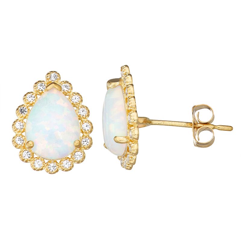10k Gold Gemstone Teardrop Halo Stud Earrings, Womens, White