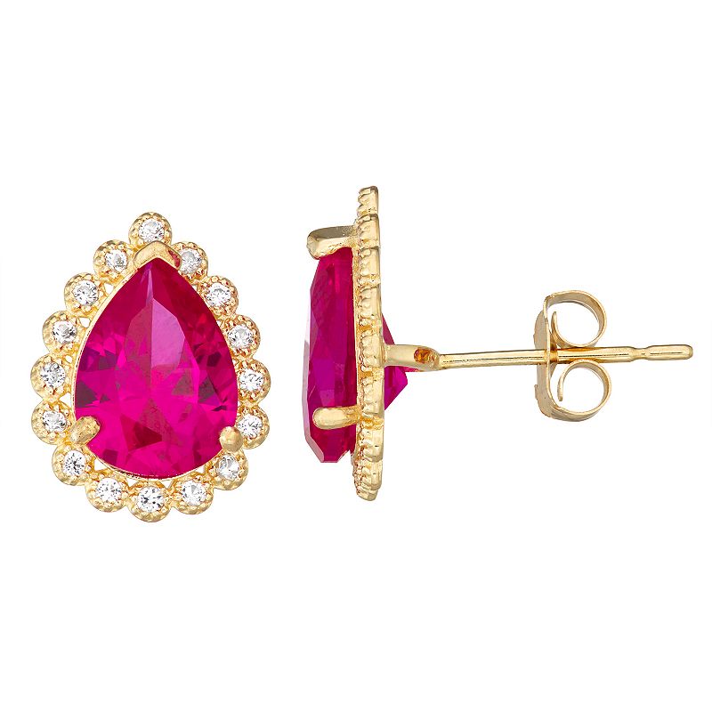10k Gold Gemstone Teardrop Halo Stud Earrings, Womens, Red