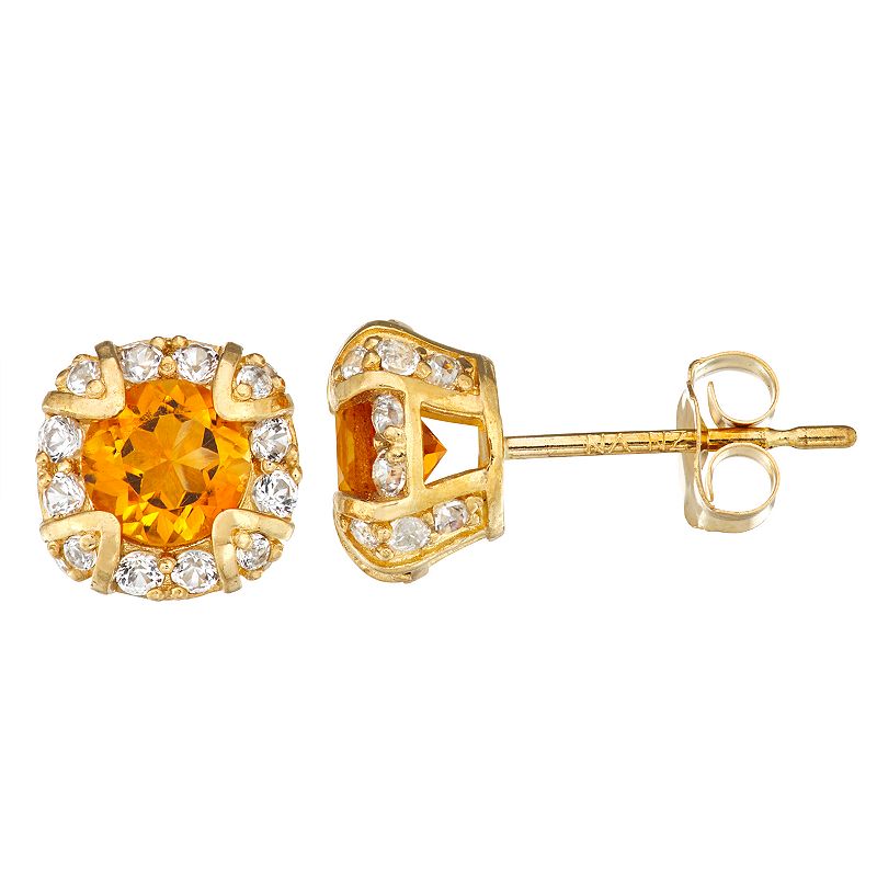 10k Gold Gemstone Round Halo Stud Earrings, Womens, Yellow