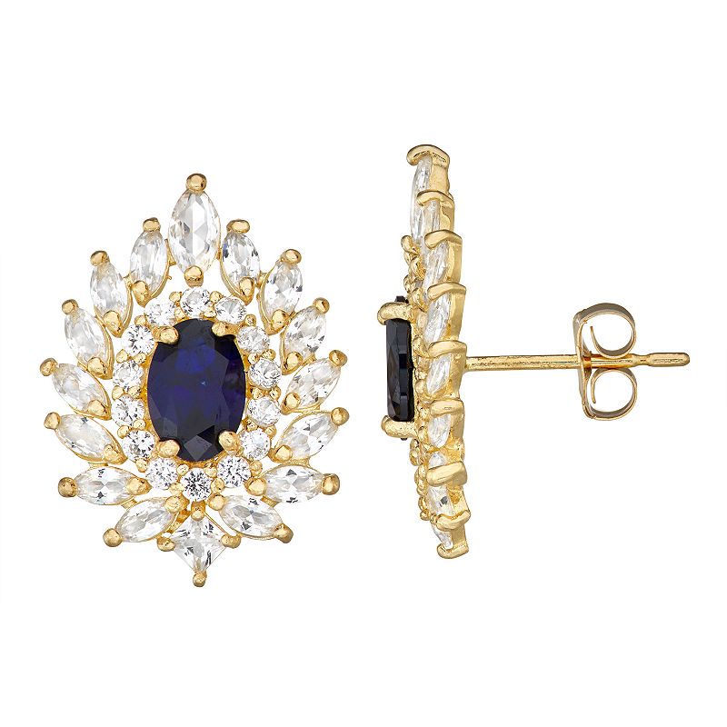 10k Gold Gemstone Oval Fireburst Stud Earrings, Womens, Blue