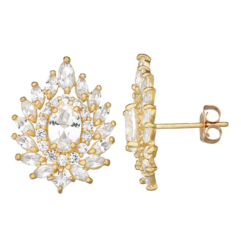 10k Gold Gemstone Oval Fireburst Stud Earrings, Womens, White