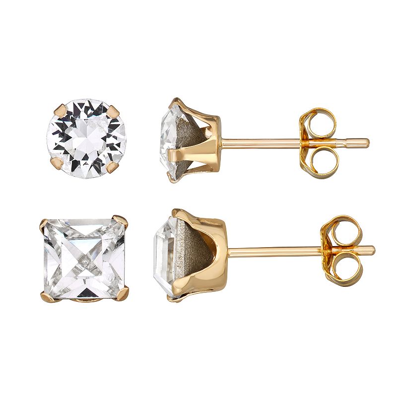 Forever Radiant 10k Gold Round and Square Earring Stud Set with Swarovski C