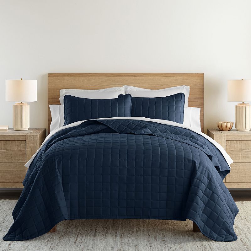 Home Collection Premium Ultra Soft Square Pattern Quilted Coverlet Set, Blue