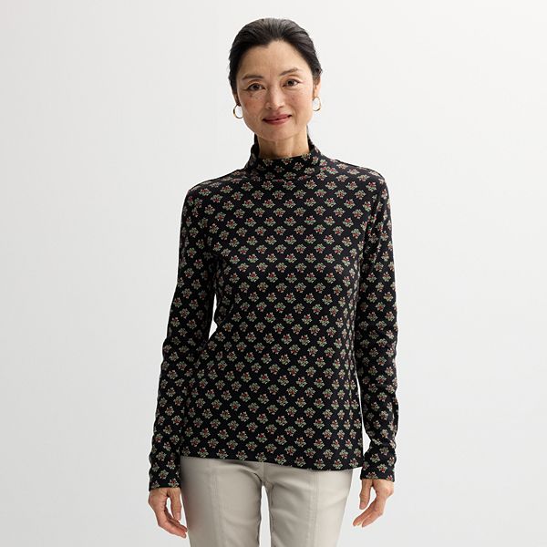 Women's Croft & Barrow® Essential Long-Sleeve Mockneck Top - Black Bloom Tile (XX LARGE)