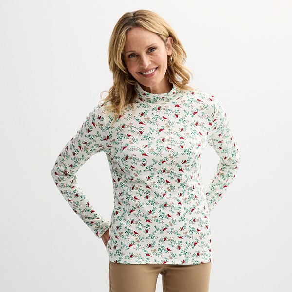 Women's Croft & Barrow® Essential Long-Sleeve Mockneck Top - Ivory Nest Cardinals (X SMALL)