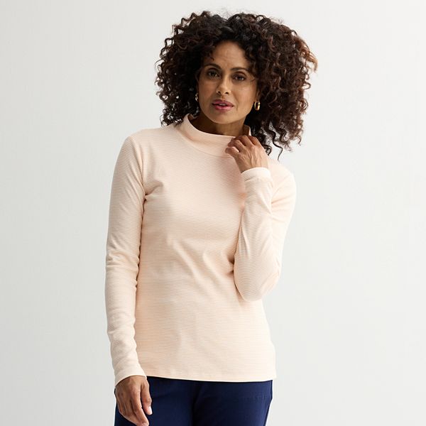 Women's Croft & Barrow® Essential Long-Sleeve Mockneck Top - Peach Small Stripe (XX LARGE)