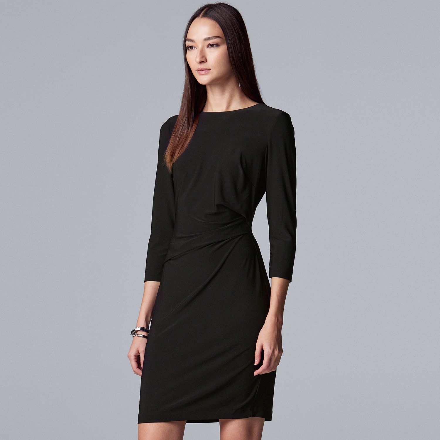 black ruched knit dress