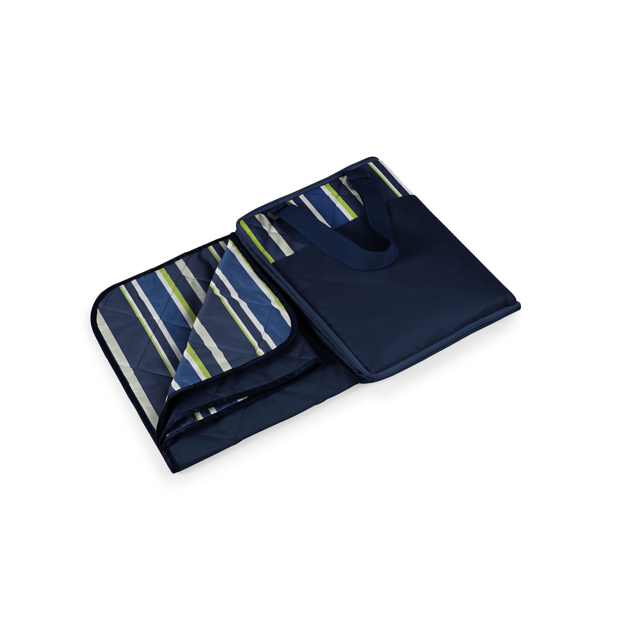Picnic Time Vista Outdoor Picnic Blanket & Tote, Navy Blue Lime Stripe