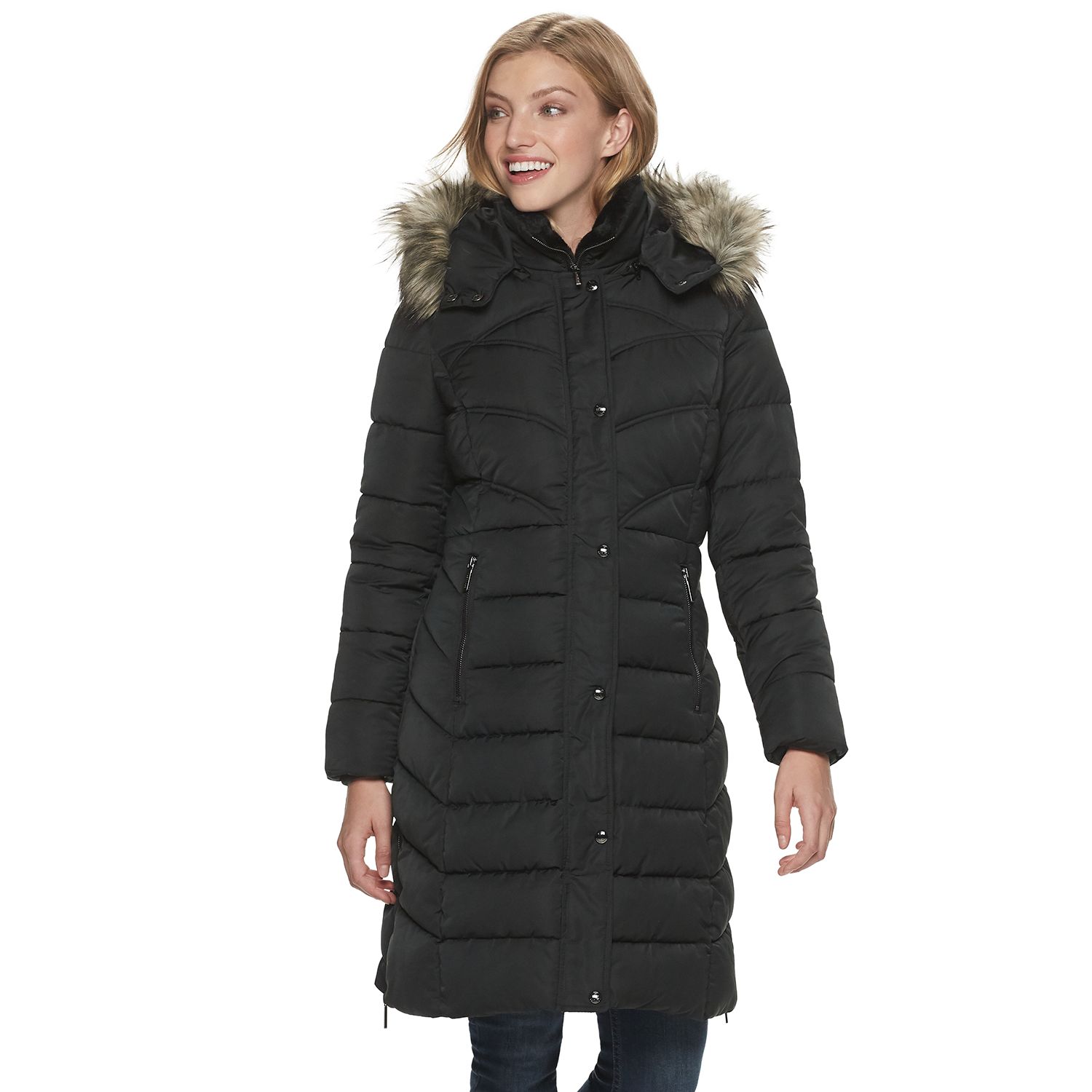 ladies long puffer coat with fur hood