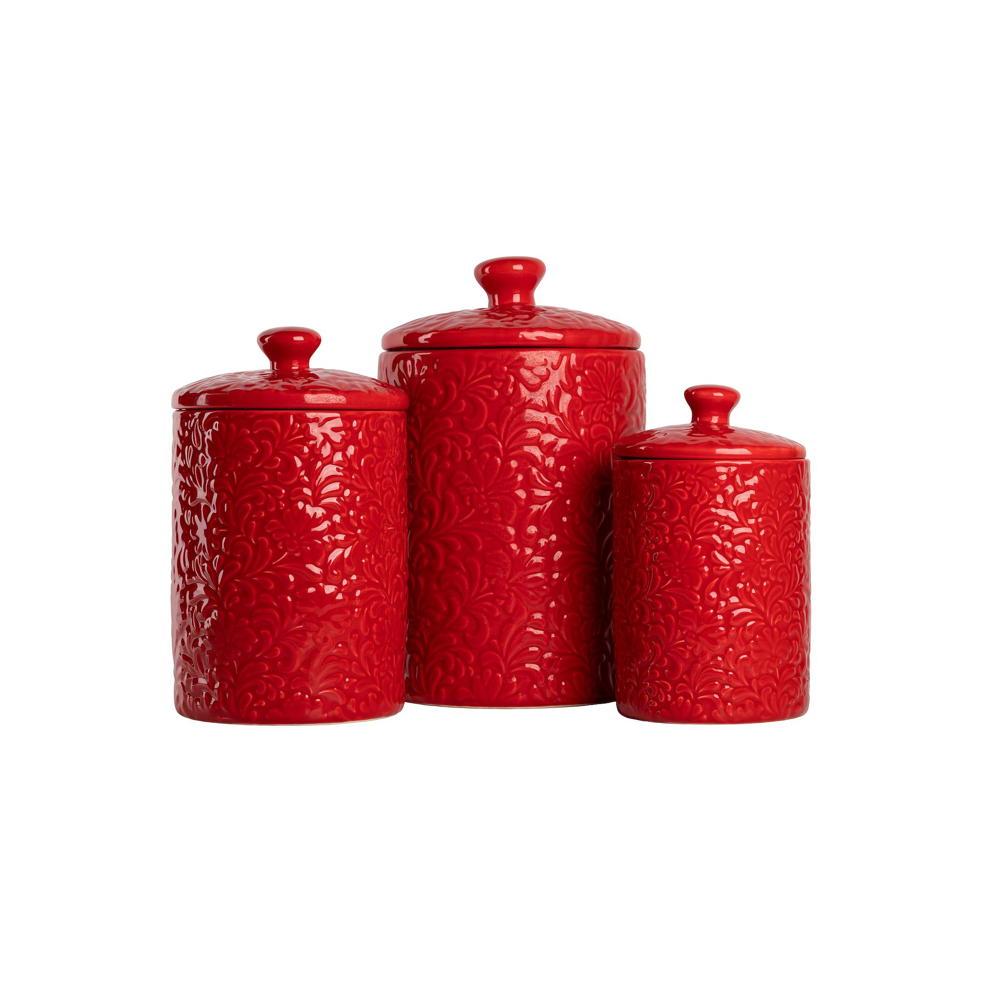 10 Strawberry Street Fleur Embossed 3-pc. Ceramic Canister Set, Red