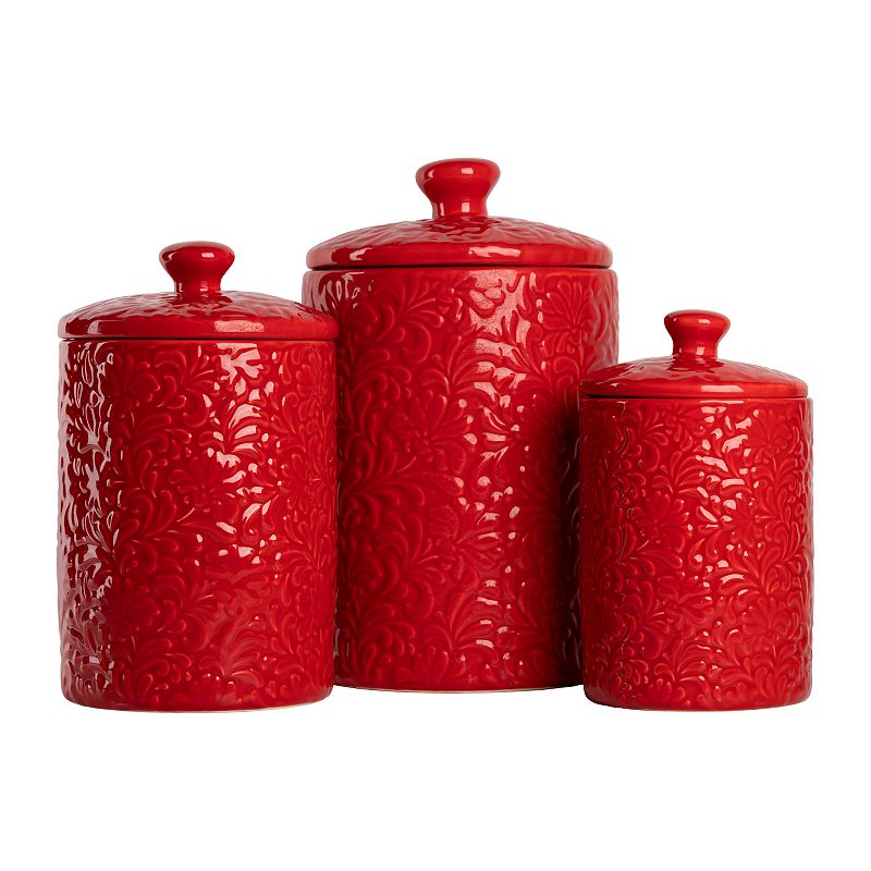 10 Strawberry Street Fleur Embossed 3-pc. Ceramic Canister Set, Red, 3 Piec