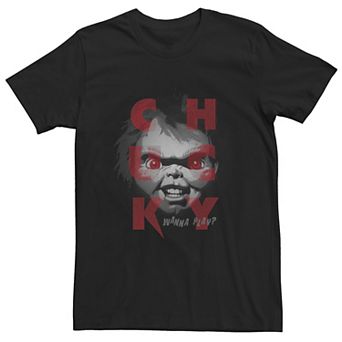 Men's Chucky Wanna Play? Grey Scale Portrait Letter Stack Tee