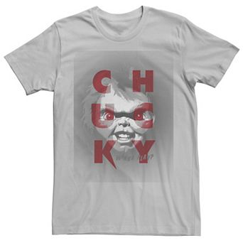 Men's Chucky Wanna Play? Grey Scale Portrait Letter Stack Tee