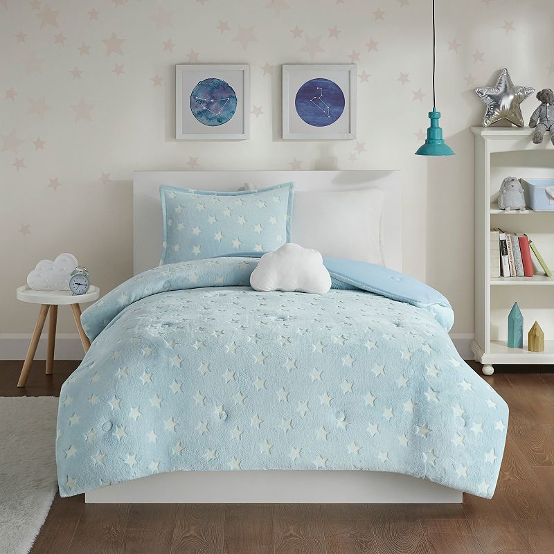 Intelligent Design Avery Glow In The Dark Plush Comforter Set with Throw Pillow, Blue