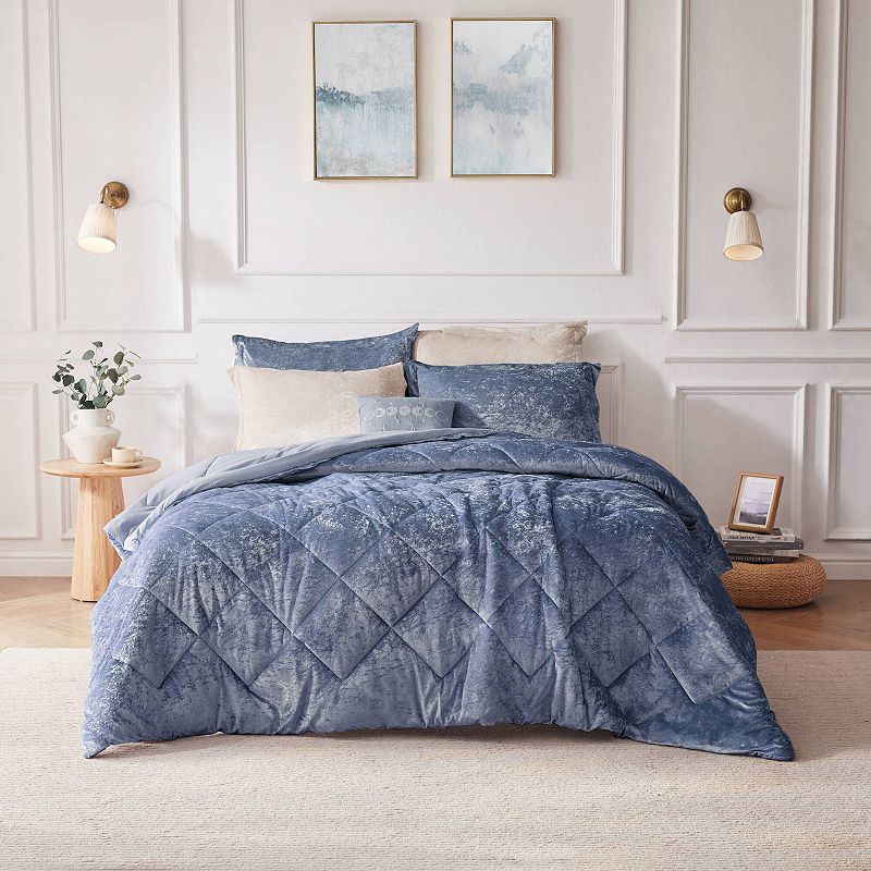 Intelligent Design Isabel Velvet Duvet Cover Set with Throw Pillow, Blue, F