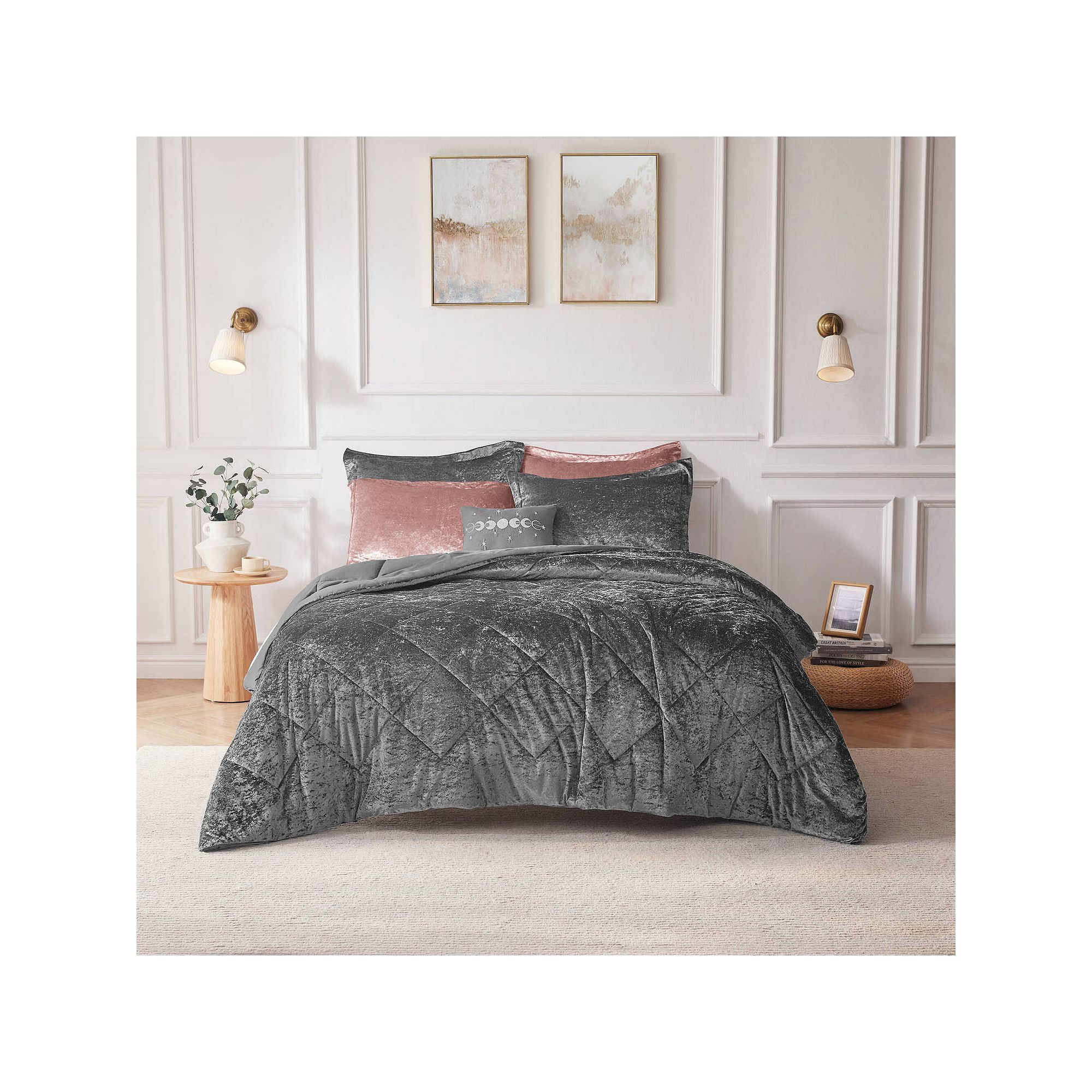 Intelligent Design Isabel Velvet Duvet Cover Set with Throw Pillow, Gray