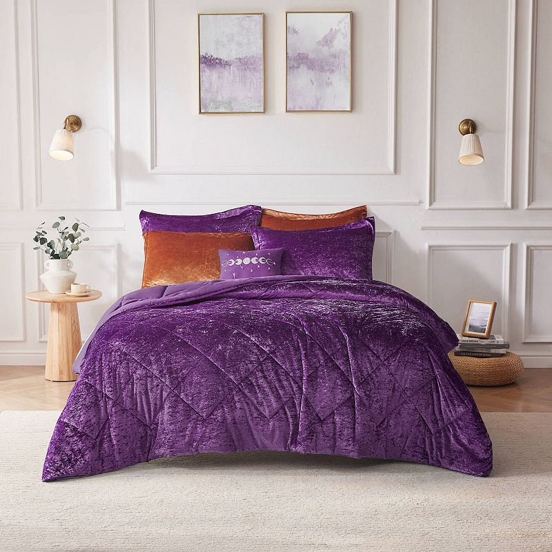 Intelligent Design Isabel Velvet Duvet Cover Set with Throw Pillow, Purple,