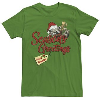 Men's Marvel Seasons Greetings Rocket And Groot From Grandpa Portrait Tee