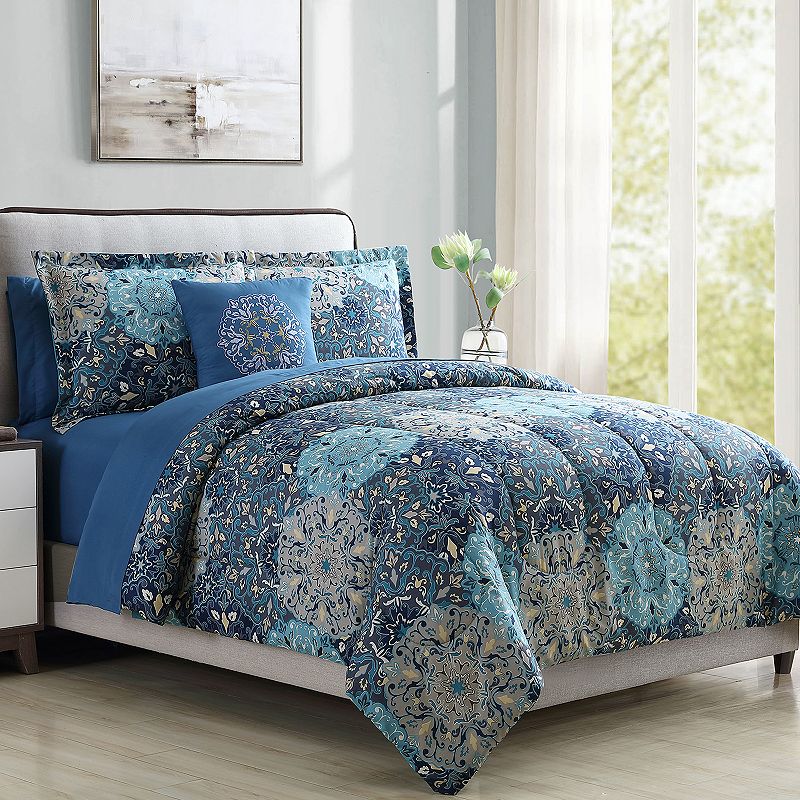 Bold Printed Damask Reversible 8-Piece Complete Bedding Set, Queen