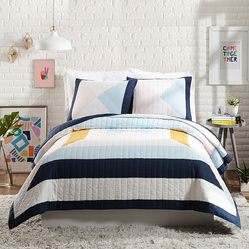Makers Collective Ampersand Diamond Patchwork Quilt Set, Blue, Full/Queen
