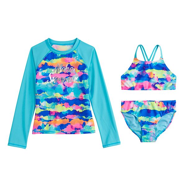 Girls 7-16 SO® Aloha Summer Bikini Top, Bottoms & Rashguard Swimsuit Set