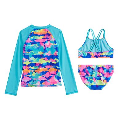 Girls 7-16 SO® Aloha Summer Bikini Top, Bottoms & Rashguard Swimsuit Set