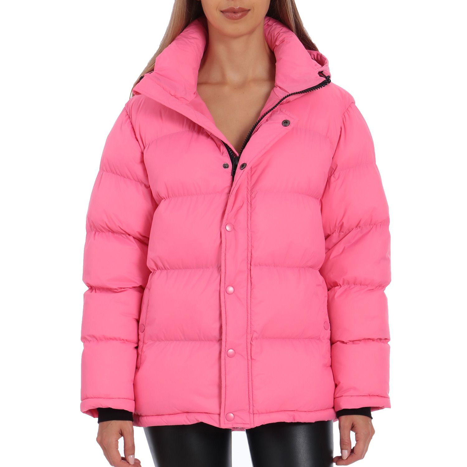 long pink puffer coat