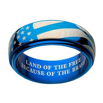 DANTE Men's Stainless Steel Blue Ion Plated Spinner American Flag Ring