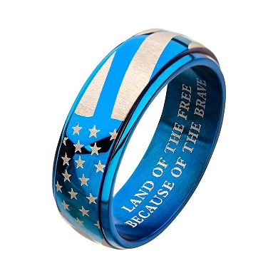 Men's Stainless Steel Blue Ion Plated Spinner American Flag Ring