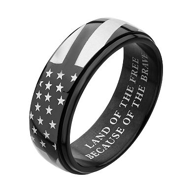 Men's Stainless Steel Black Ion Plated Spinner American Flag Ring