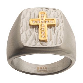 Men's Gold IP Cross Clear CZs Signet Rings