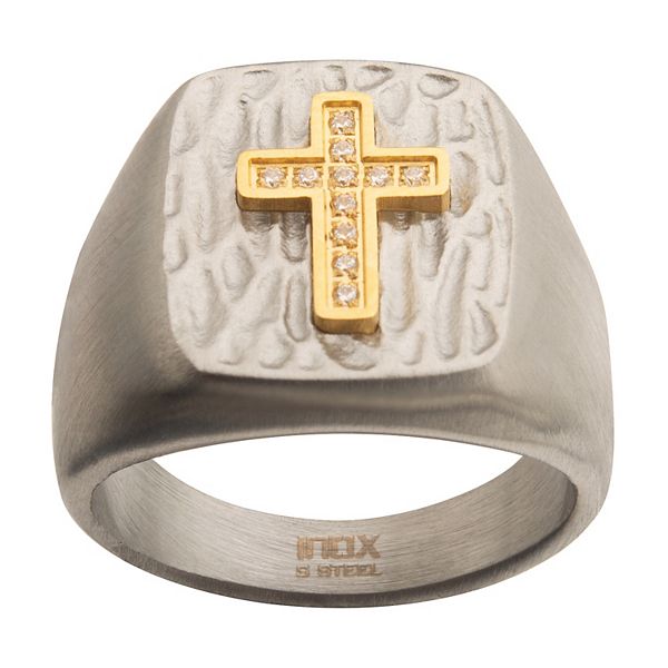 Men's Gold IP Cross Clear CZs Signet Rings