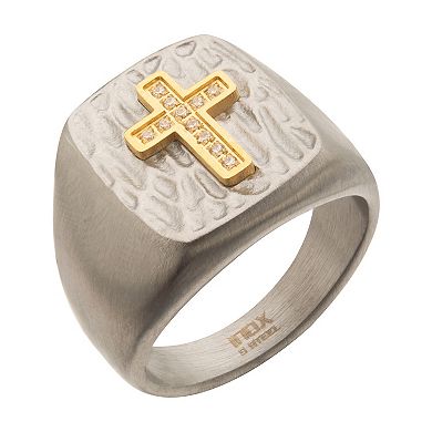 Men's Gold IP Cross Clear CZs Signet Rings