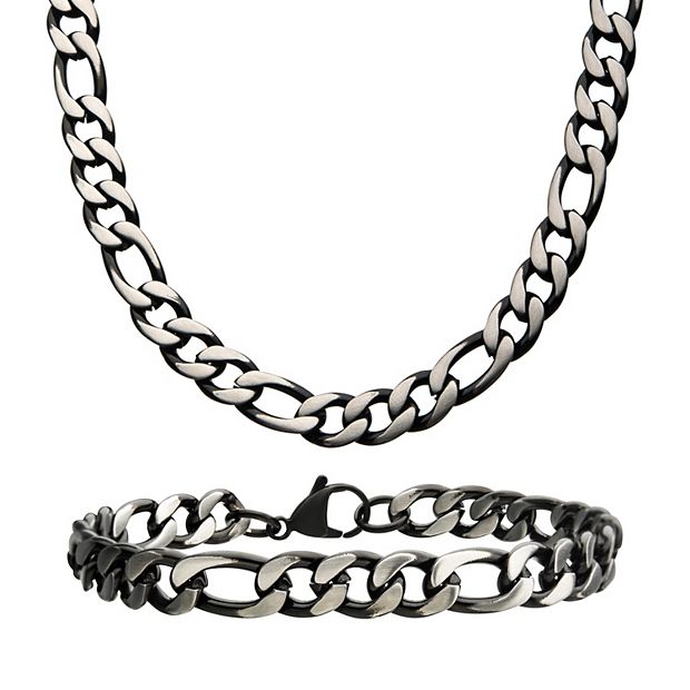 Men's Stainless Steel Figaro Chain Necklace & Bracelet Set