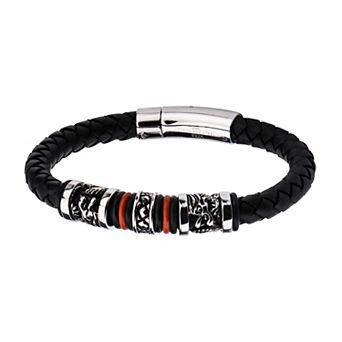 Men's Black Leather & Stainless Steel Bracelet