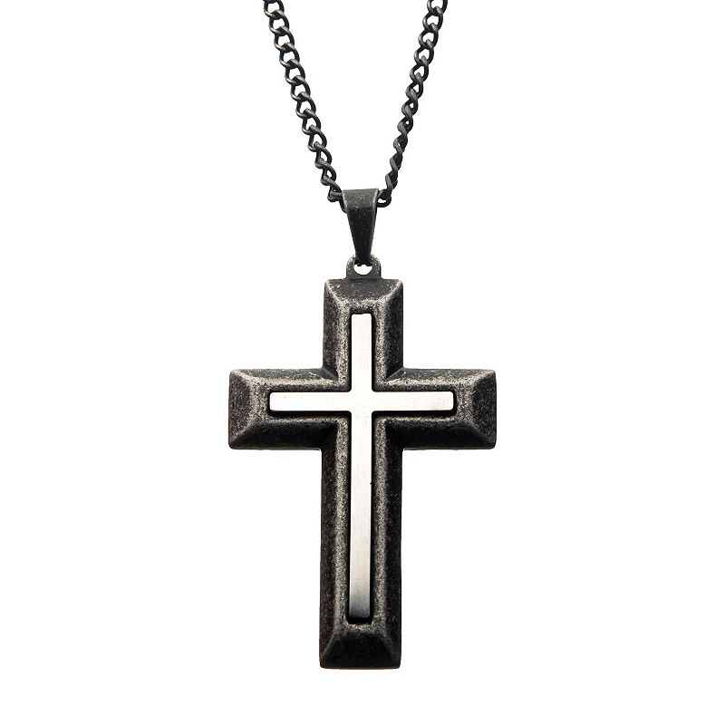 Mens Stainless Steel Double-Layered Cross Pendant Necklace, Size: 24