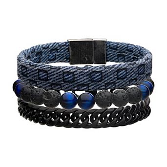Men's Stainless Steel Blue Triple Stackable Bracelet Set