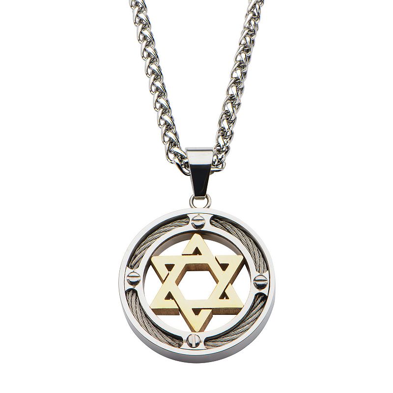 Mens Stainless Steel Gold Ion Plated Star of David Pendant Necklace, Size