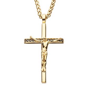 Men's Gold IP with CZ Crucifix Cross Pendant Necklace