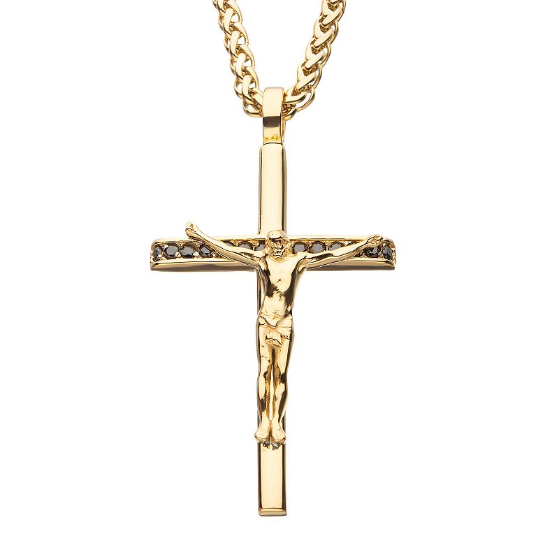 Mens Gold IP with CZ Crucifix Cross Pendant Necklace, Size: 24