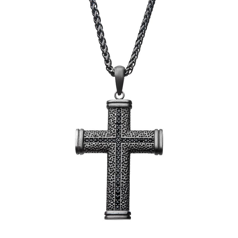 Mens Stainless Steel Black Cubic Zirconia Pendant Necklace, Size: 24