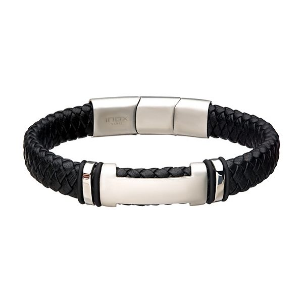 Men's Black Leather Stainless Steel Bracelet