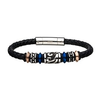 Men's Black Leather & Stainless Steel Beaded Bracelet