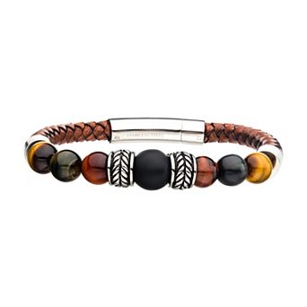 DANTE Men's Leather Tiger Eye & Onyx Beaded Bracelet