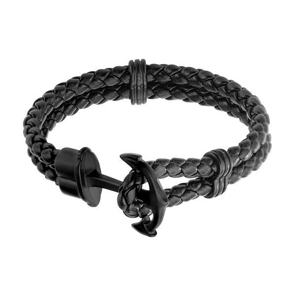 Men's Black Leather Anchor Bracelet