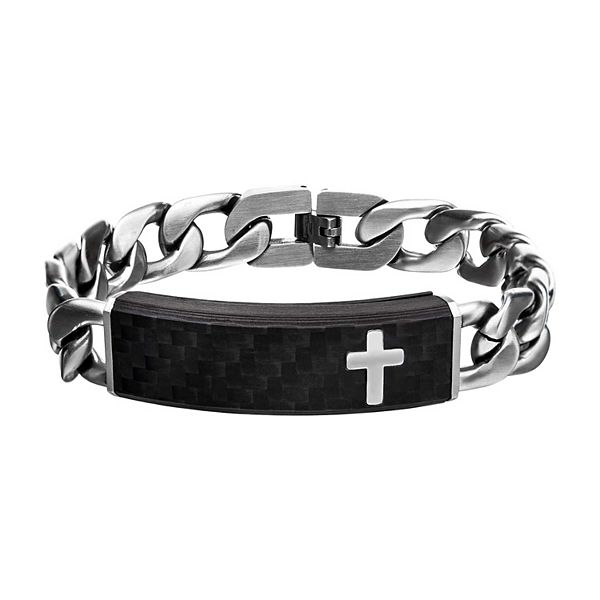 Men's Stainless Steel Black Carbon Fiber Cross Bracelet