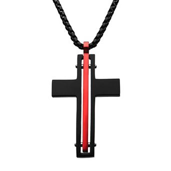 DANTE Men's Stainless Steel Red Line Cross Pendant Necklace