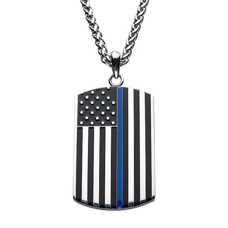 Mens Blue Line American Flag Dog Tag Pendant Necklace, Size: 24, Silver