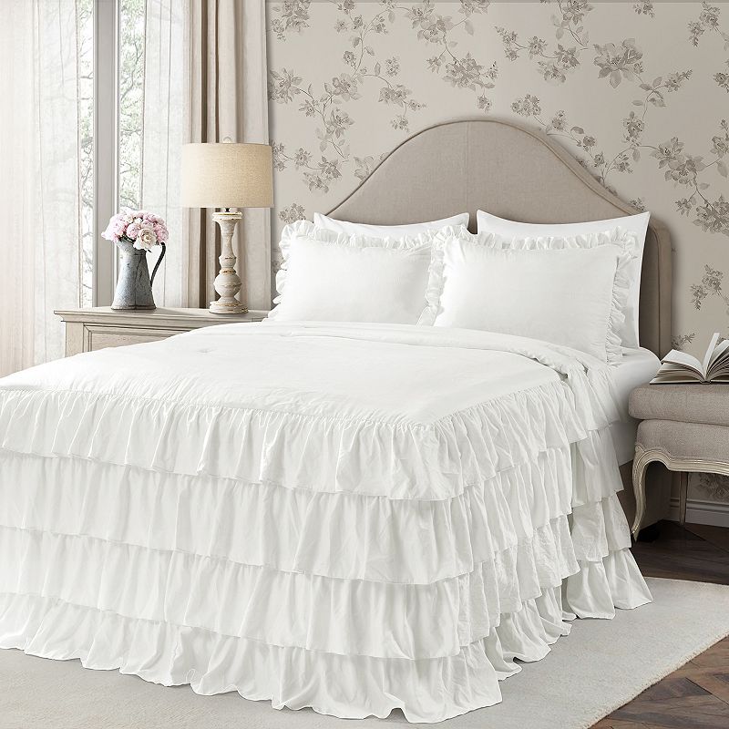 Lush Decor Allison Ruffle Skirt Bedspread and Sham Set, White, King