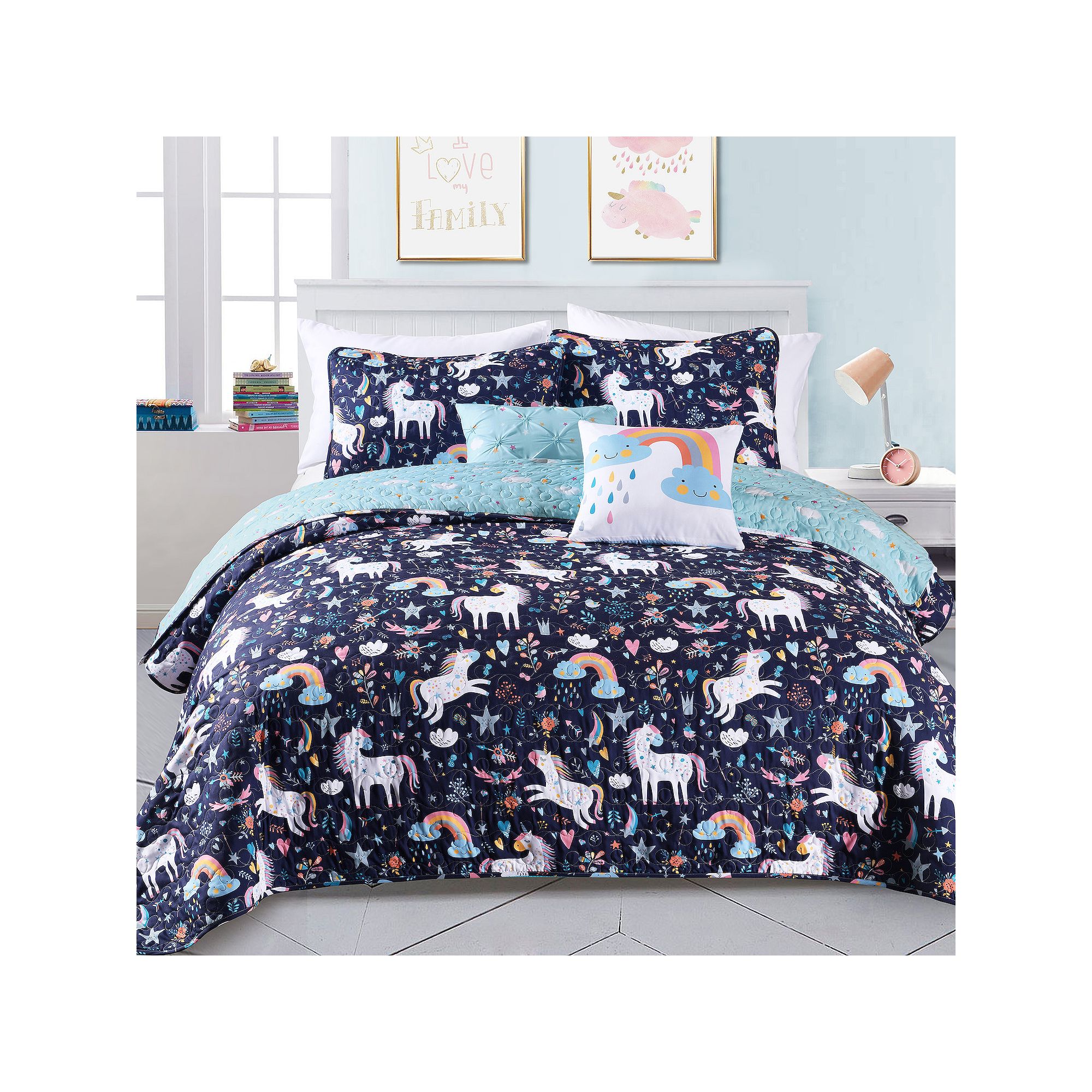 Lush Decor Unicorn Heart Quilt Set, Blue